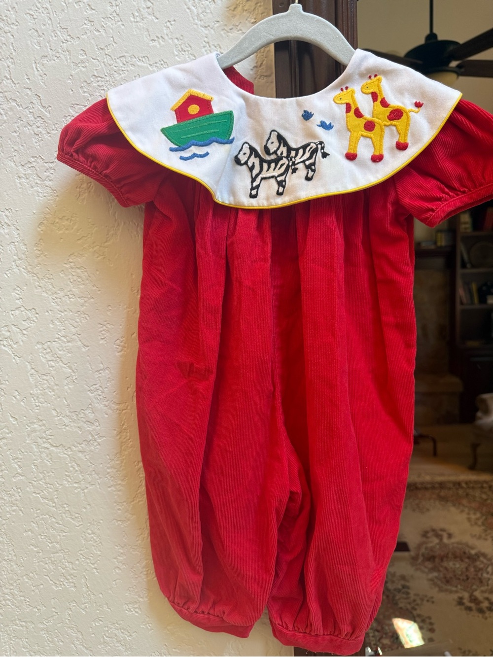 Vintage Baby Red Noah’s Ark Embroidered Collared One-Piece for Kids